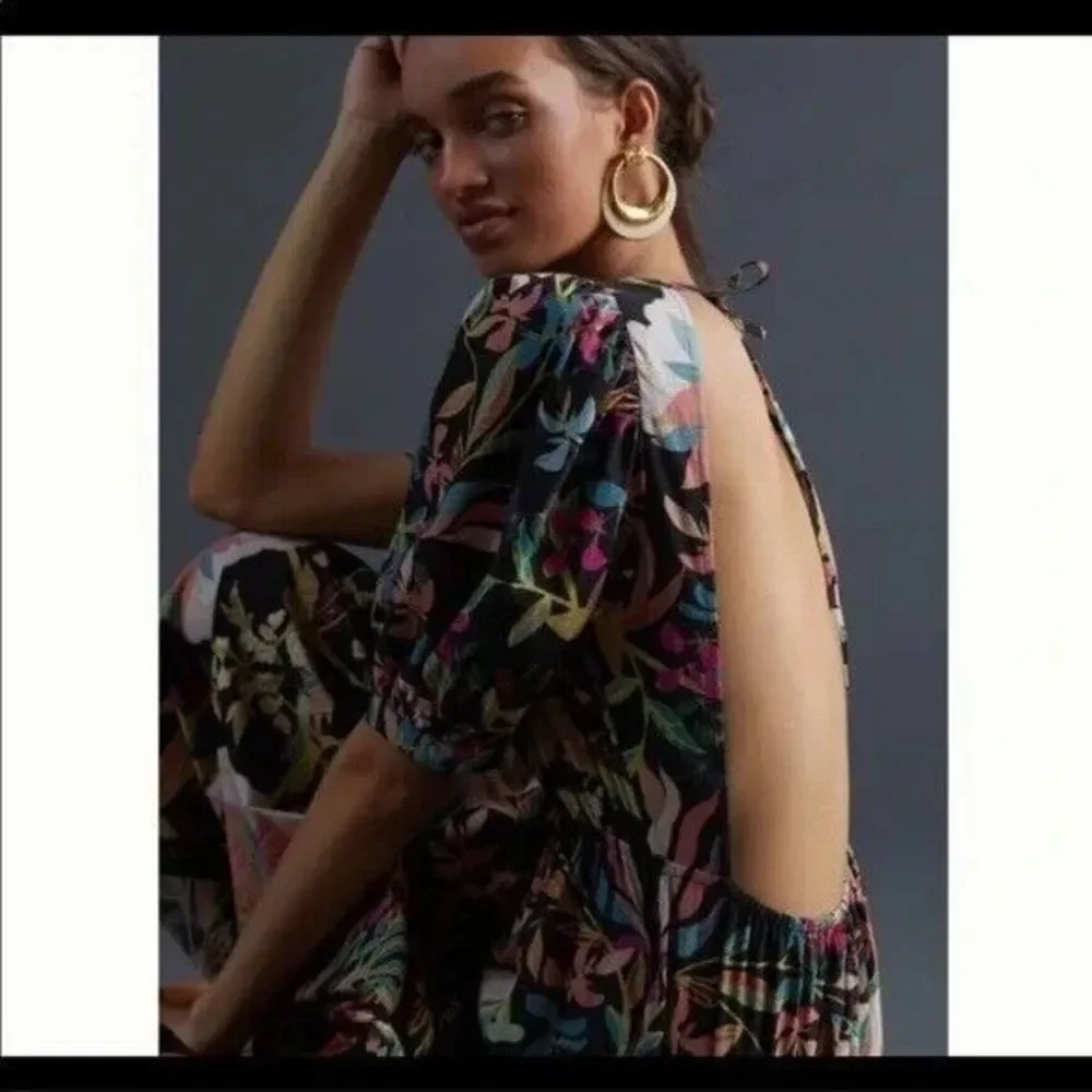 New Anthropologie x Condition Apply Floral Tiered Maxi Dress Puff Sleeves Sz MP - Picture 3 of 6